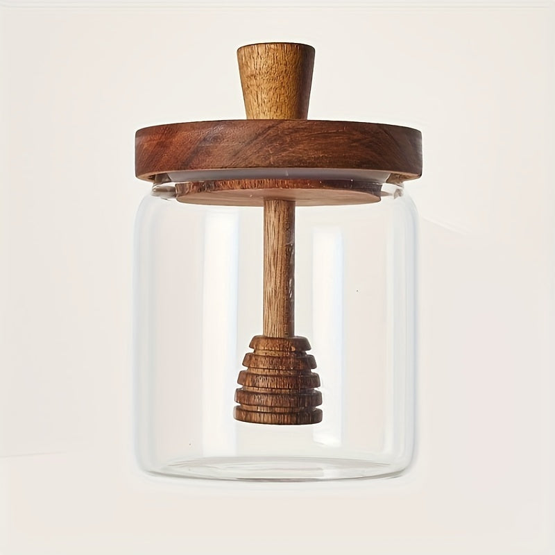 Borcan din sticlă borosilicată pentru miere, cu capac și lingură din lemn