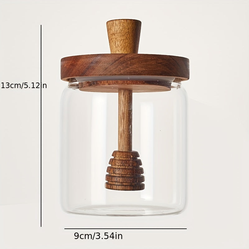 Borcan din sticlă borosilicată pentru miere, cu capac și lingură din lemn