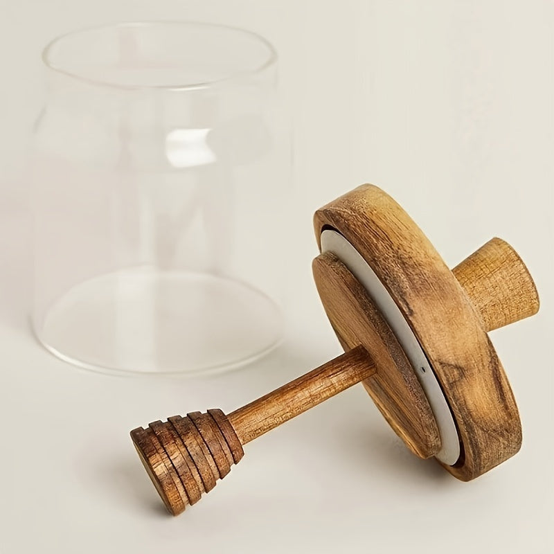 Borcan din sticlă borosilicată pentru miere, cu capac și lingură din lemn