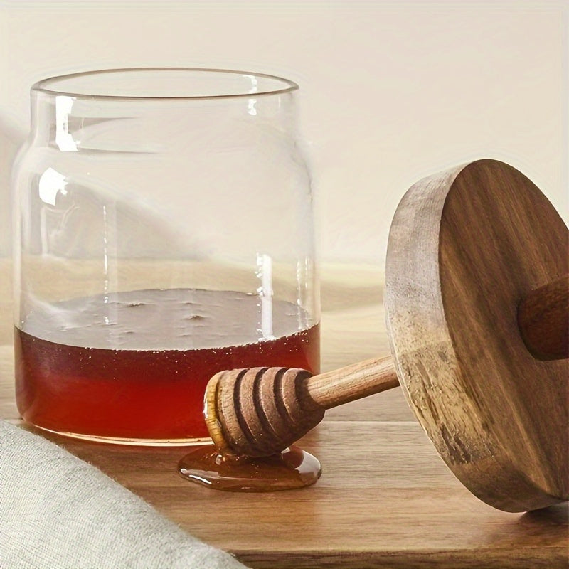 Borcan din sticlă borosilicată pentru miere, cu capac și lingură din lemn