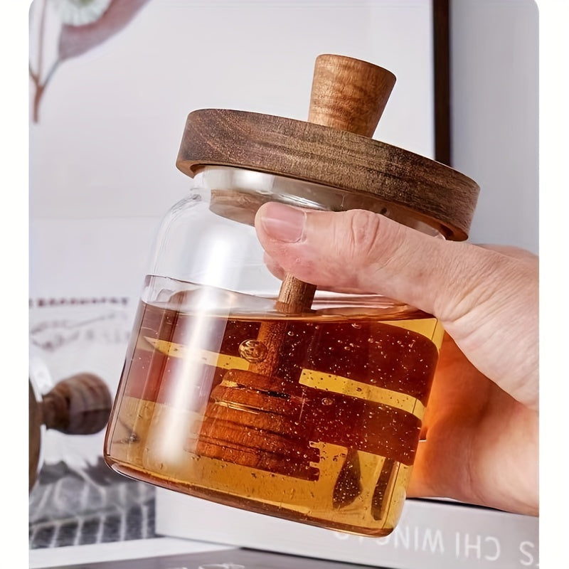 Borcan din sticlă borosilicată pentru miere, cu capac și lingură din lemn