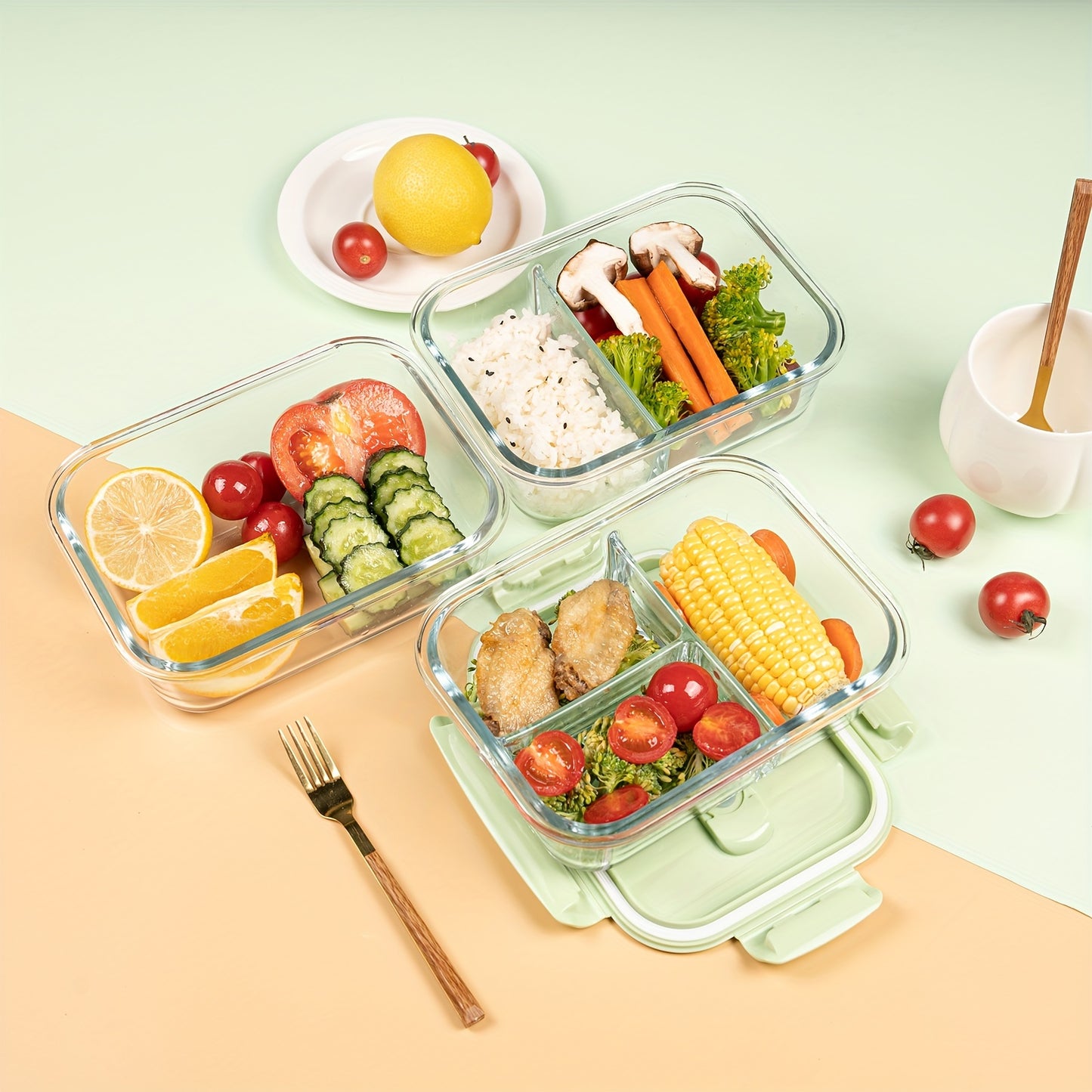 Set 2 Caserole din Sticlă cu Capace Etanșe – 1040ml, Compartimentate, Ideale pentru Meal Prep