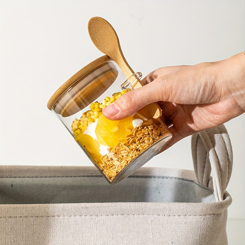 Set Borcane din Sticlă pentru Overnight Oats – Depozitare Sigilată cu Capac din Lemn și Lingură