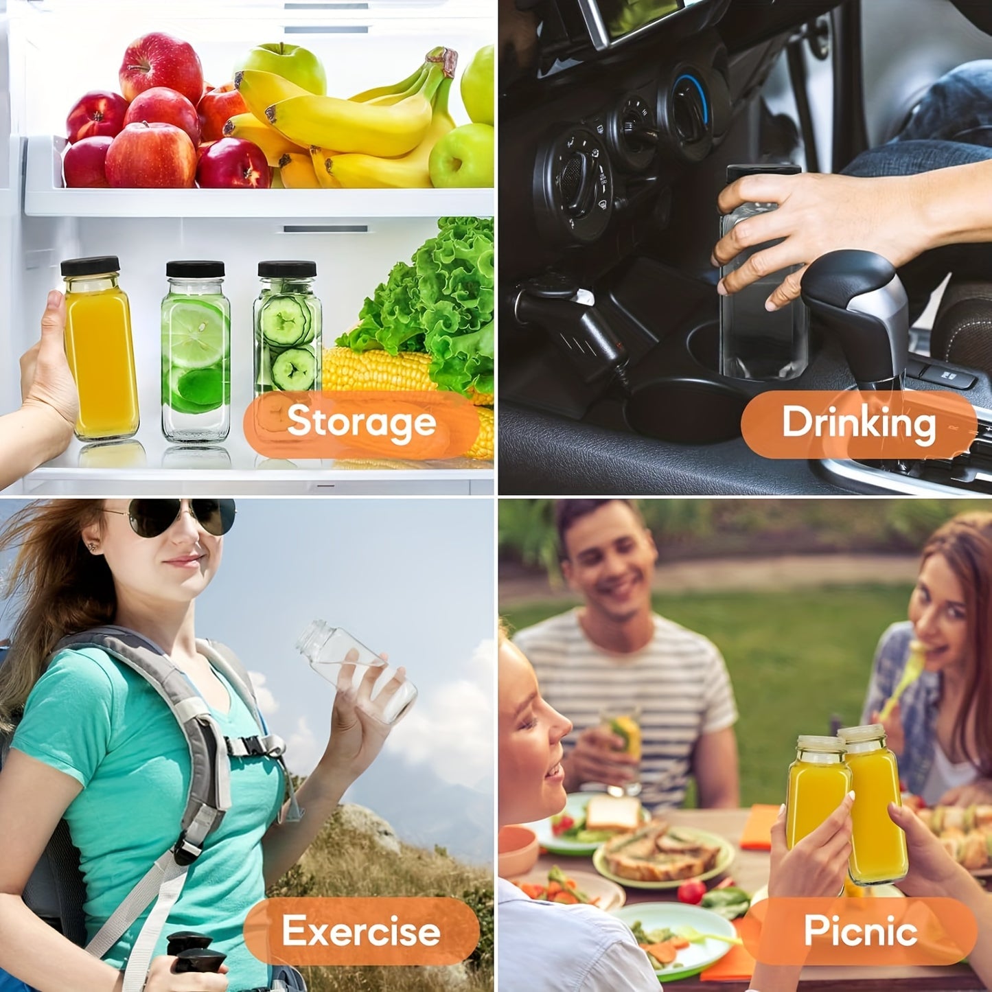 Set 3 Sticle din Sticlă pentru Sucuri Naturale, Smoothie-uri și Apă – 473 ml cu Capace Etanșe