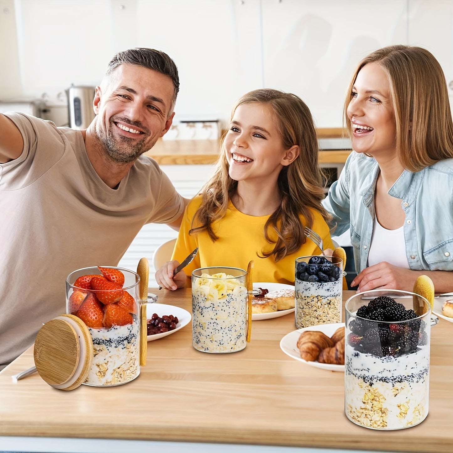 Set Borcane din Sticlă pentru Overnight Oats – Depozitare Sigilată cu Capac din Lemn și Lingură