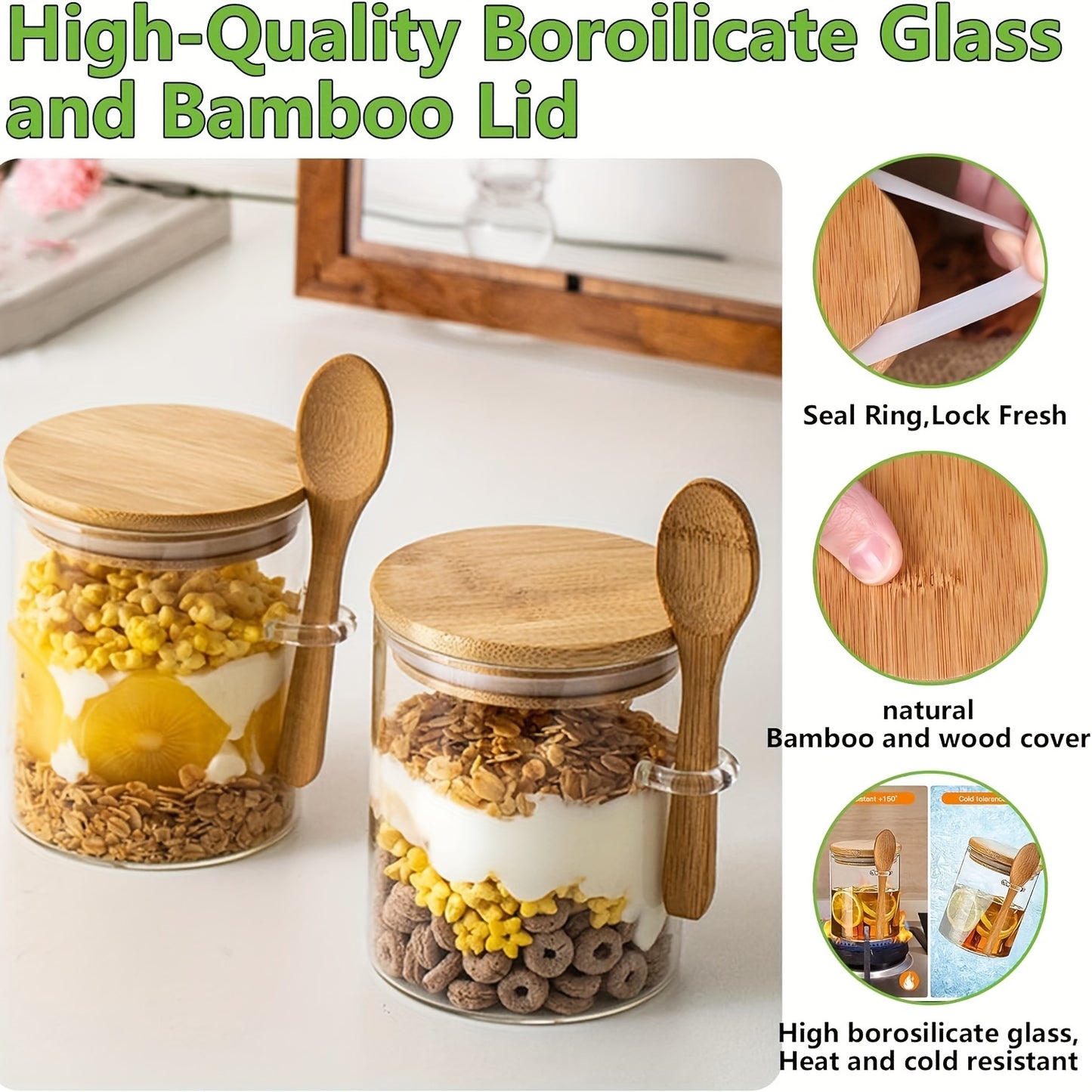 Set Borcane din Sticlă pentru Overnight Oats – Depozitare Sigilată cu Capac din Lemn și Lingură