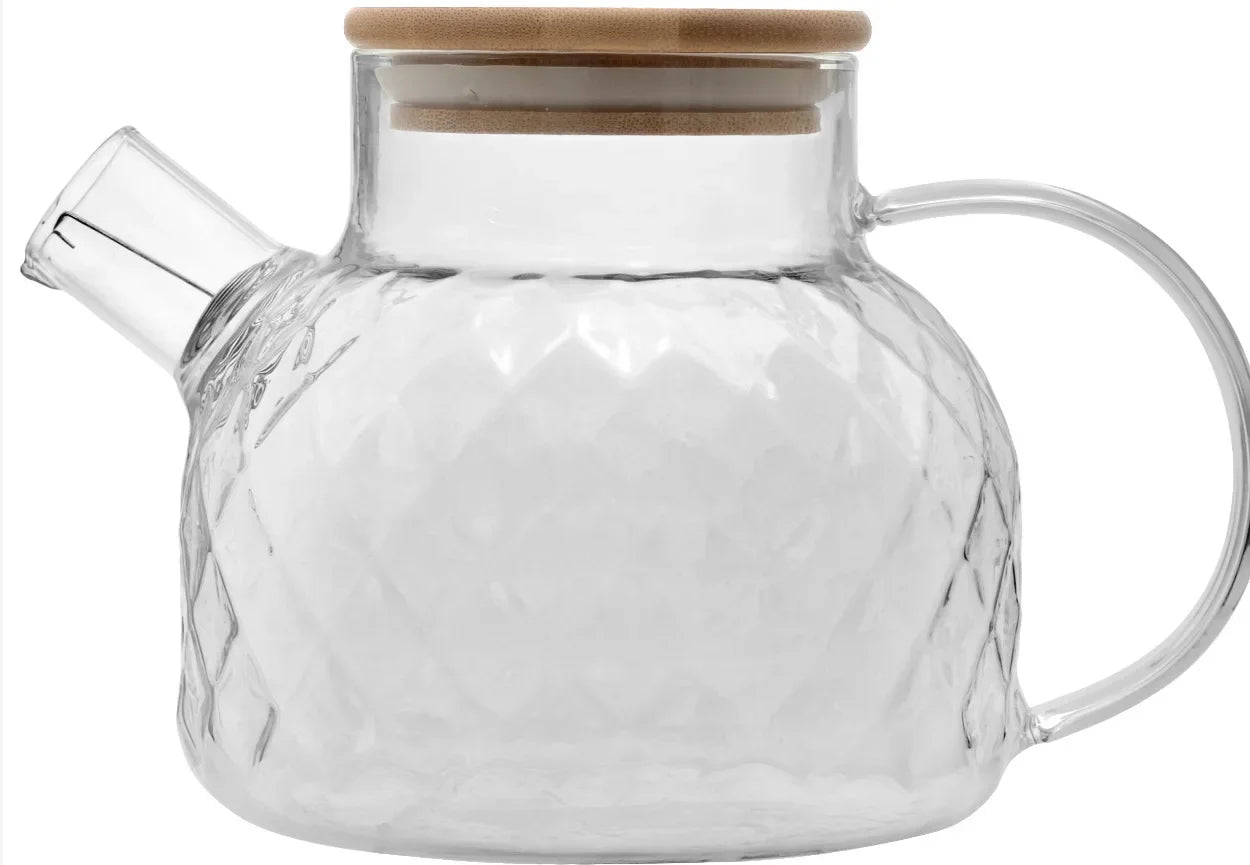 Ceainic din sticlă borosilicată, 1000-1800ml, cu capac din bambus