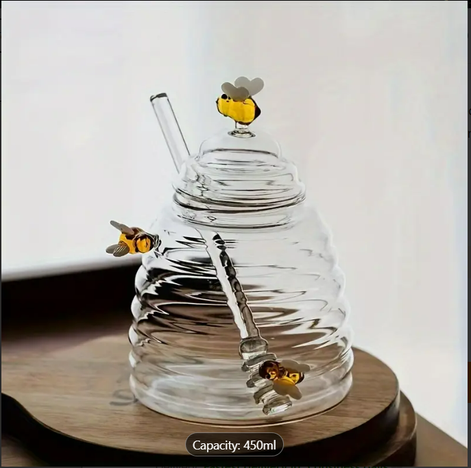 1 Borcan din sticlă borosilicată pentru miere – model stup cu albine, 400 ml 🐝🍯