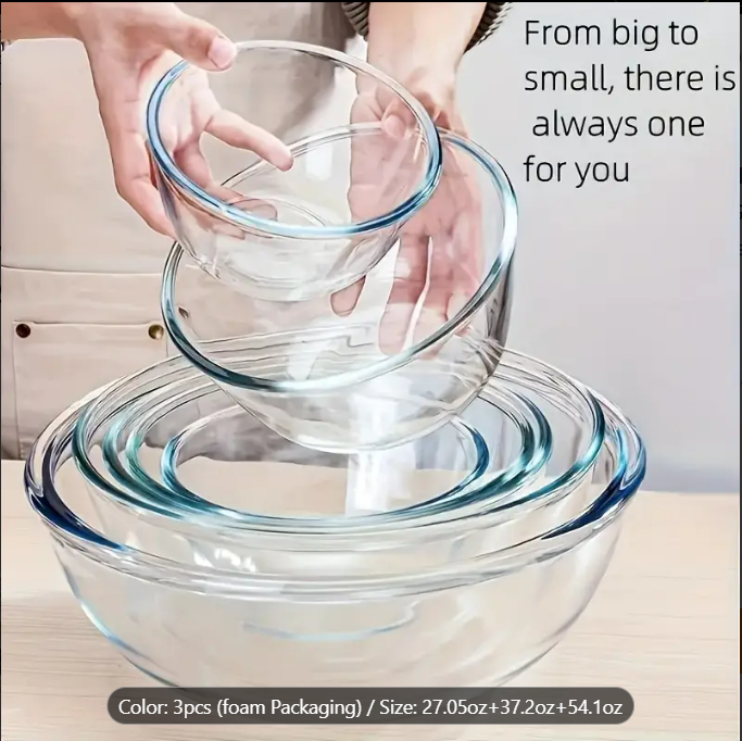 Set 3 boluri din sticlă borosilicată pentru bucătărie – Rezistente, sigure și versatile