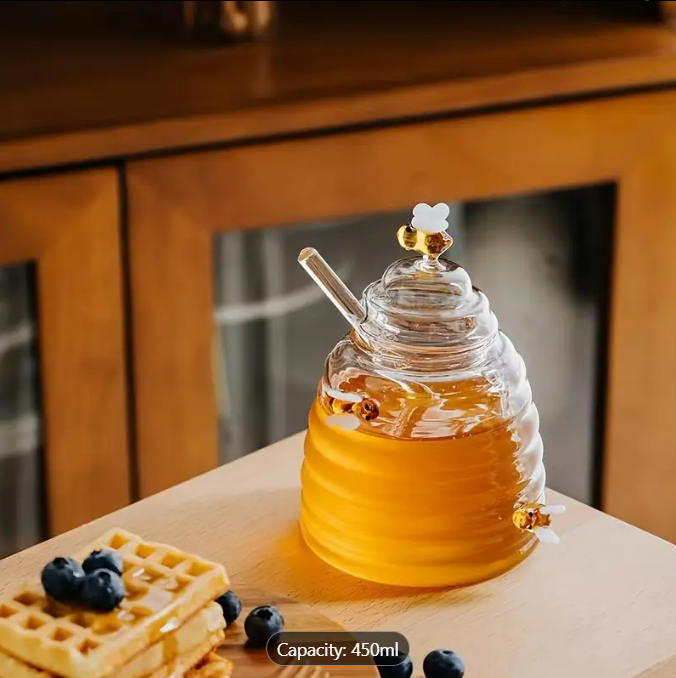1 Borcan din sticlă borosilicată pentru miere – model stup cu albine, 400 ml 🐝🍯