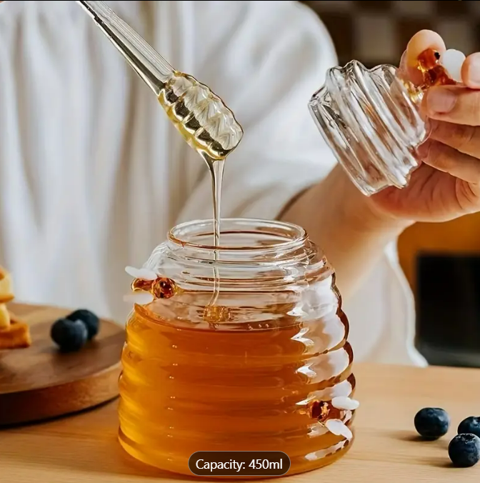 1 Borcan din sticlă borosilicată pentru miere – model stup cu albine, 400 ml 🐝🍯