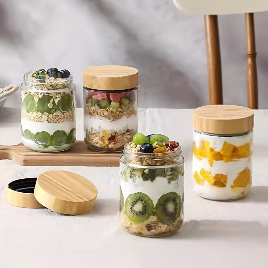 Set Borcane din Sticlă cu Capac din Bambus – Ideal pentru Overnight Oats, Depozitare Alimente și Condimente