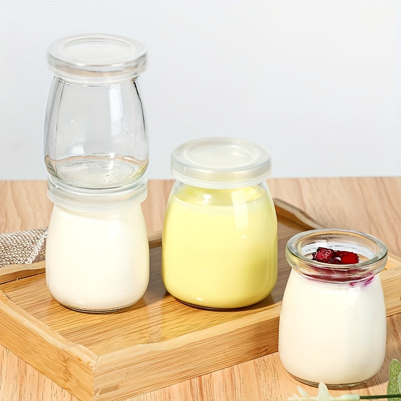 Set 6 Borcane din Sticlă pentru Iaurt, Budincă și Deserturi – Capace din Plastic Incluse