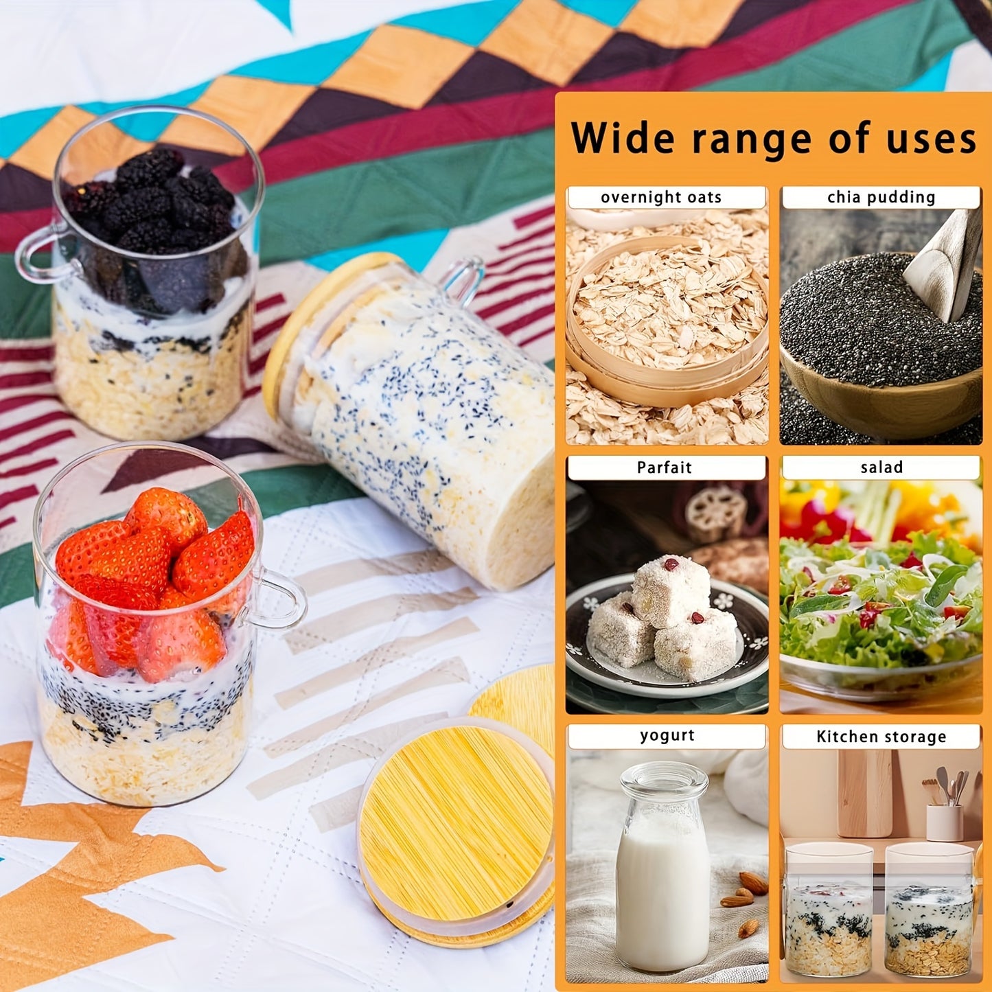 Set Borcane din Sticlă pentru Overnight Oats – Depozitare Sigilată cu Capac din Lemn și Lingură