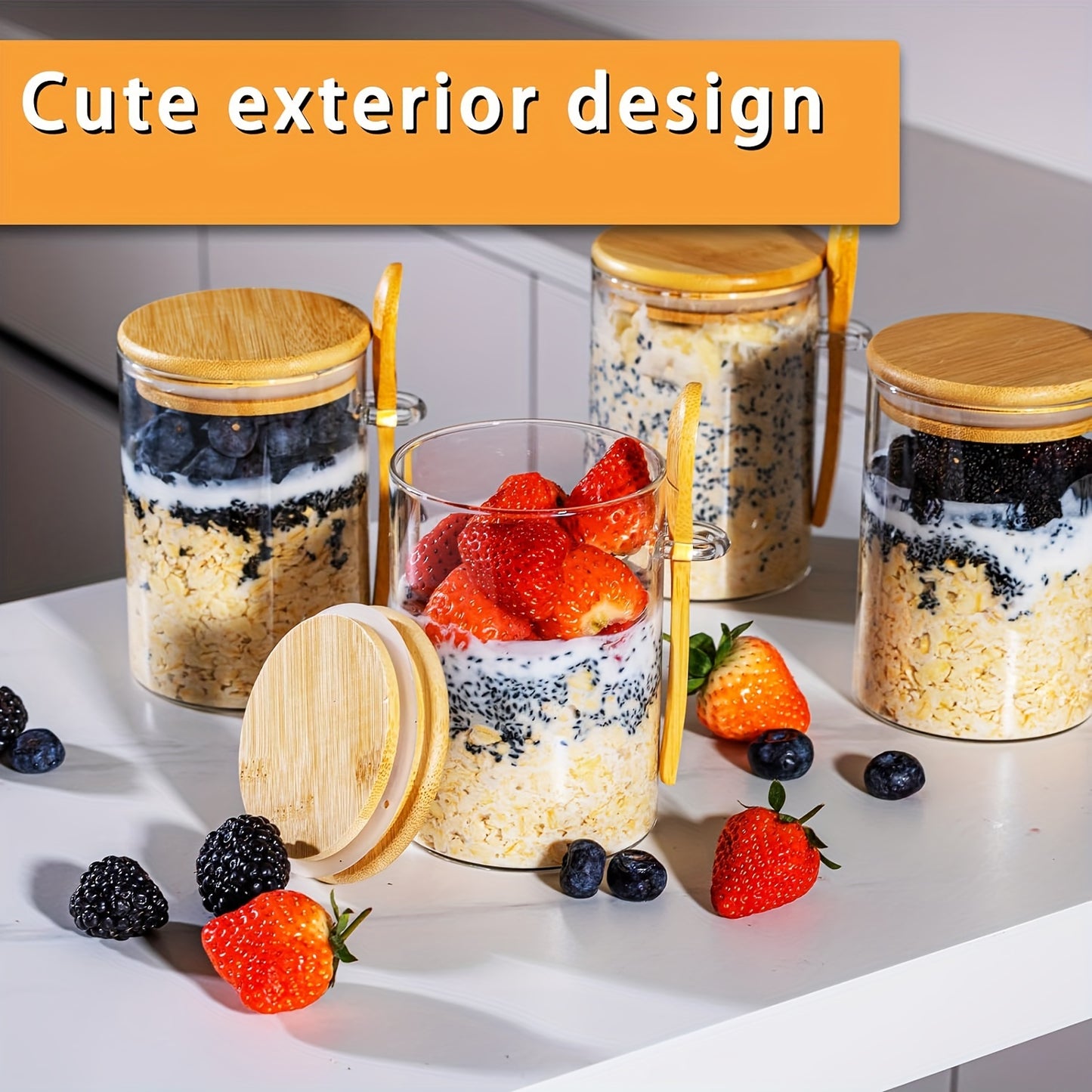 Set Borcane din Sticlă pentru Overnight Oats – Depozitare Sigilată cu Capac din Lemn și Lingură