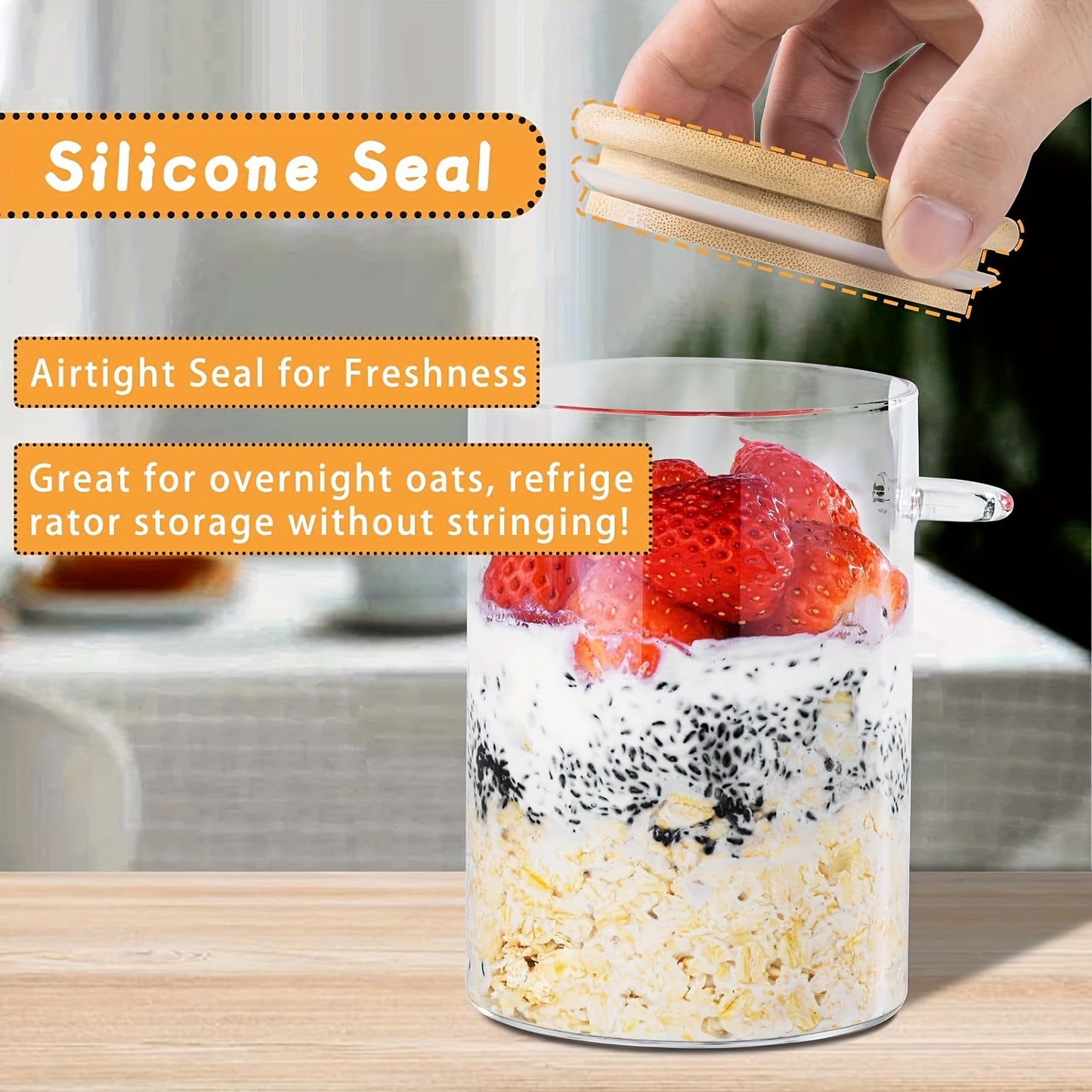 Set Borcane din Sticlă pentru Overnight Oats – Depozitare Sigilată cu Capac din Lemn și Lingură