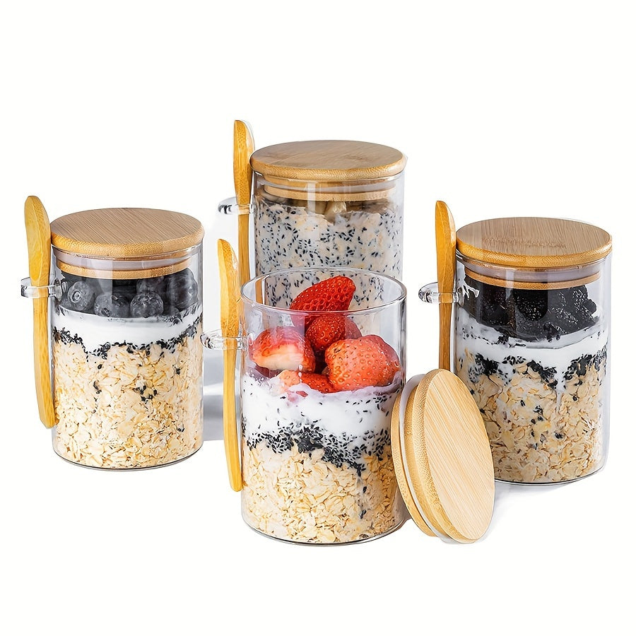 Set Borcane din Sticlă pentru Overnight Oats – Depozitare Sigilată cu Capac din Lemn și Lingură