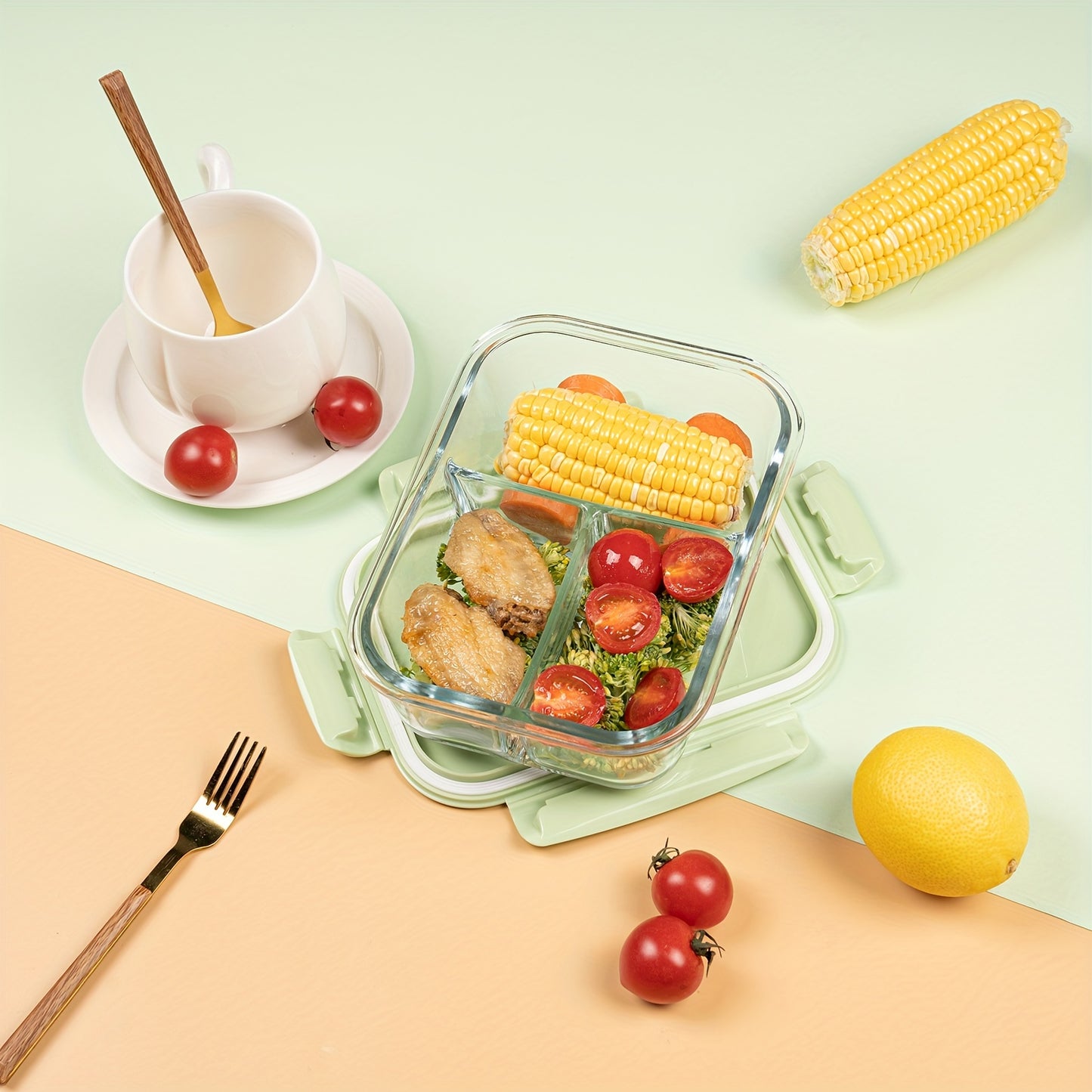 Set 2 Caserole din Sticlă cu Capace Etanșe – 1040ml, Compartimentate, Ideale pentru Meal Prep