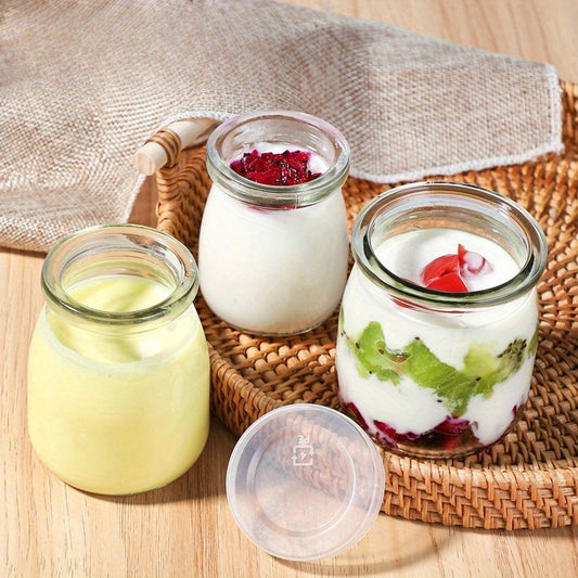 Set 6/10 Borcane din Sticlă pentru Iaurt, Budincă și Deserturi – 100ml / 200ml cu Capace