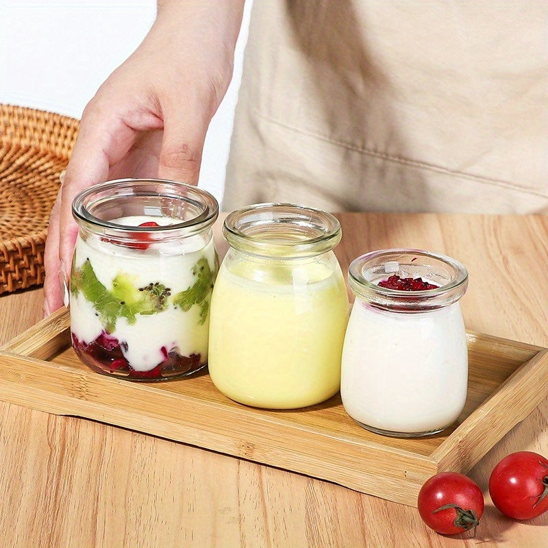 Set 6/10 Borcane din Sticlă pentru Iaurt, Budincă și Deserturi – 100ml / 200ml cu Capace
