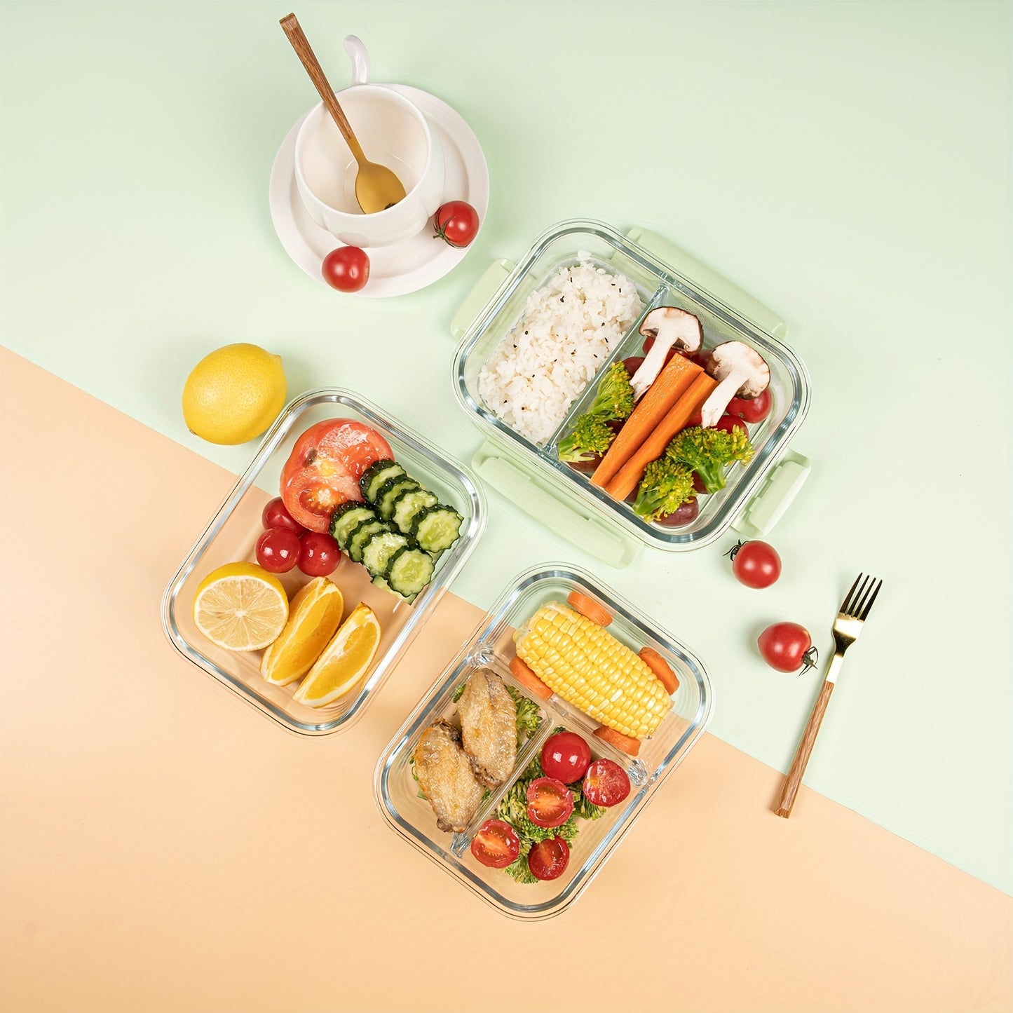 Set 2 Caserole din Sticlă cu Capace Etanșe – 1040ml, Compartimentate, Ideale pentru Meal Prep