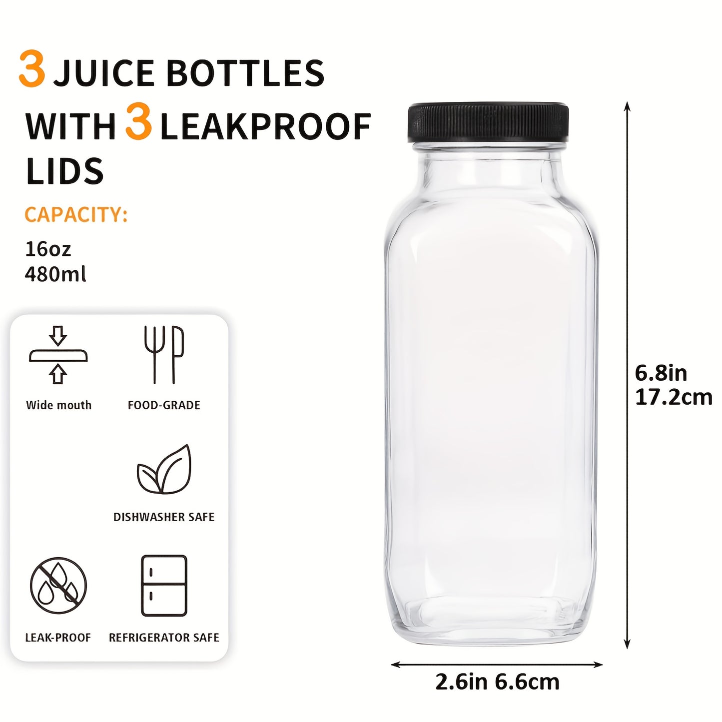 Set 3 Sticle din Sticlă pentru Sucuri Naturale, Smoothie-uri și Apă –  473 ml cu Capace Etanșe