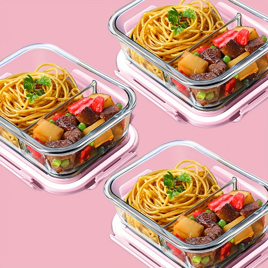 Set 3 Caserole din Sticlă cu Capace Etanșe – 640ml, Ideale pentru Prânz și Meal Prep
