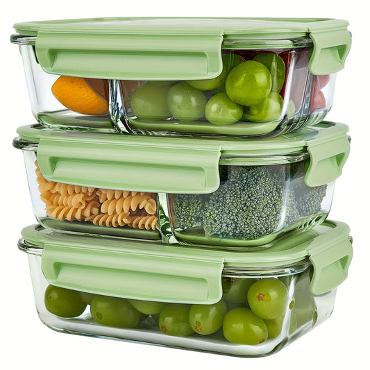 Set 2 Caserole din Sticlă cu Capace Etanșe – 1040ml, Compartimentate, Ideale pentru Meal Prep