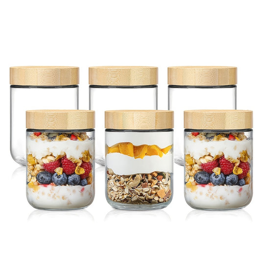 Set Borcane din Sticlă cu Capac din Bambus – Ideal pentru Overnight Oats, Depozitare Alimente și Condimente