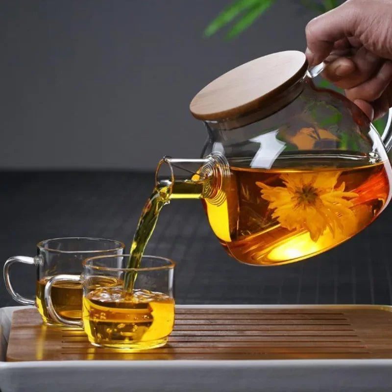Ceainic din sticlă borosilicată, 1000-1800ml, cu capac din bambus