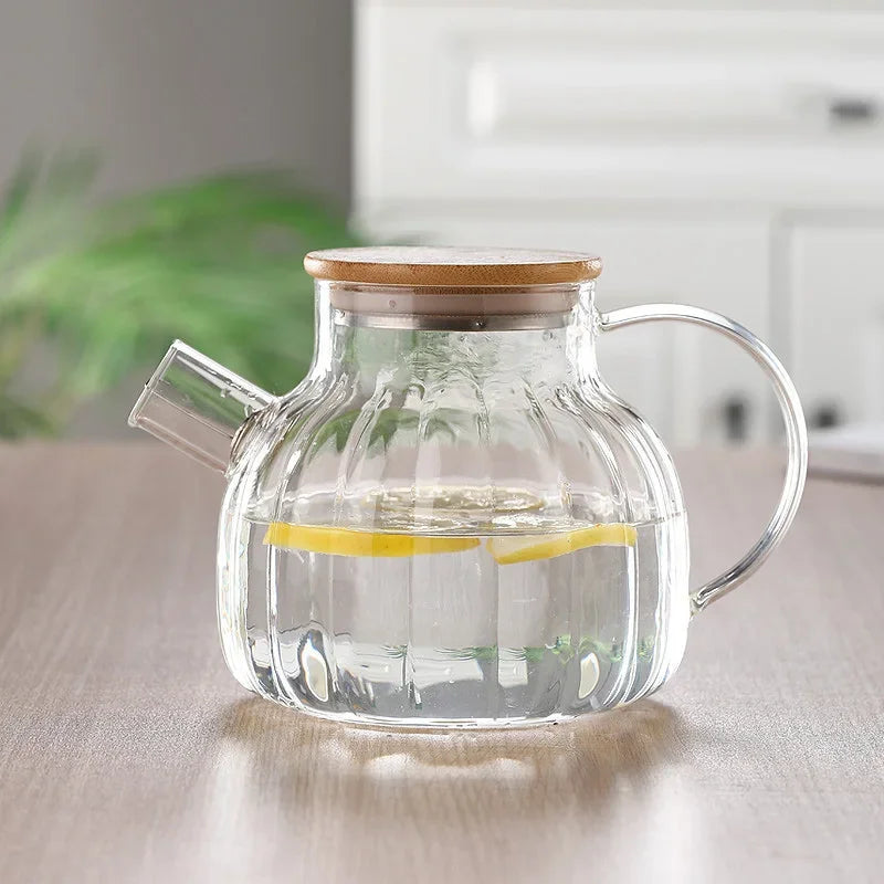 Ceainic din sticlă borosilicată, 1000-1800ml, cu capac din bambus