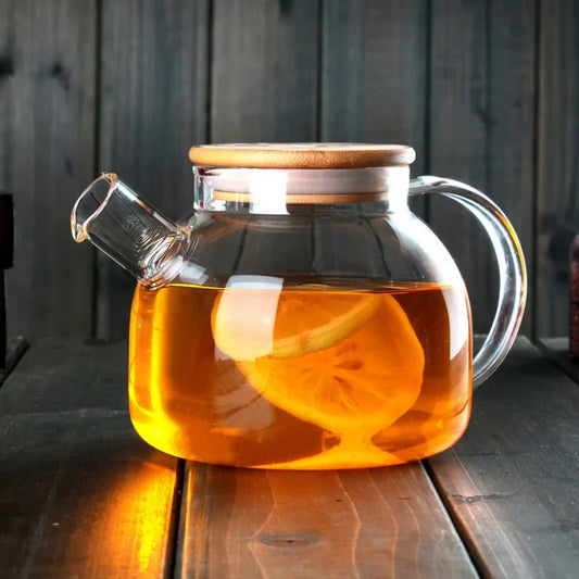 Ceainic din sticlă borosilicată, 1000-1800ml, cu capac din bambus