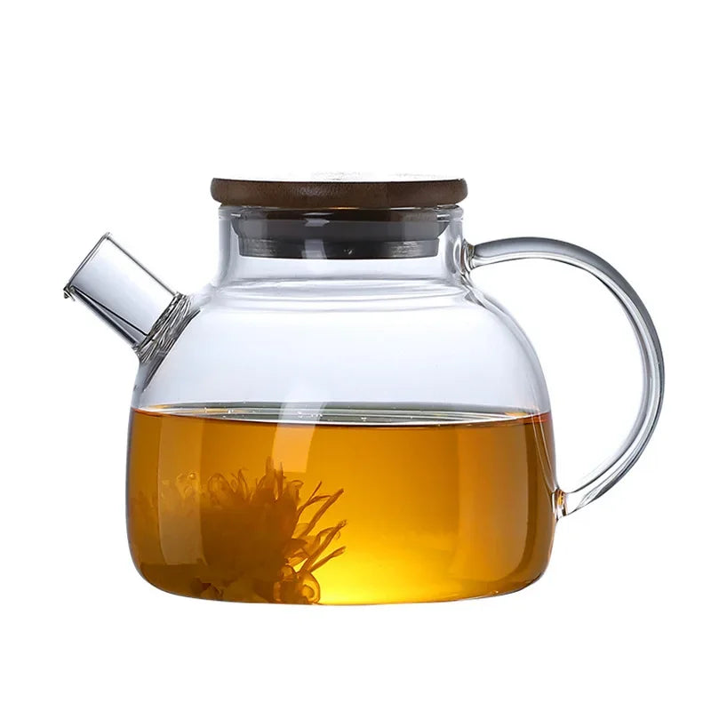 Ceainic din sticlă borosilicată, 1000-1800ml, cu capac din bambus