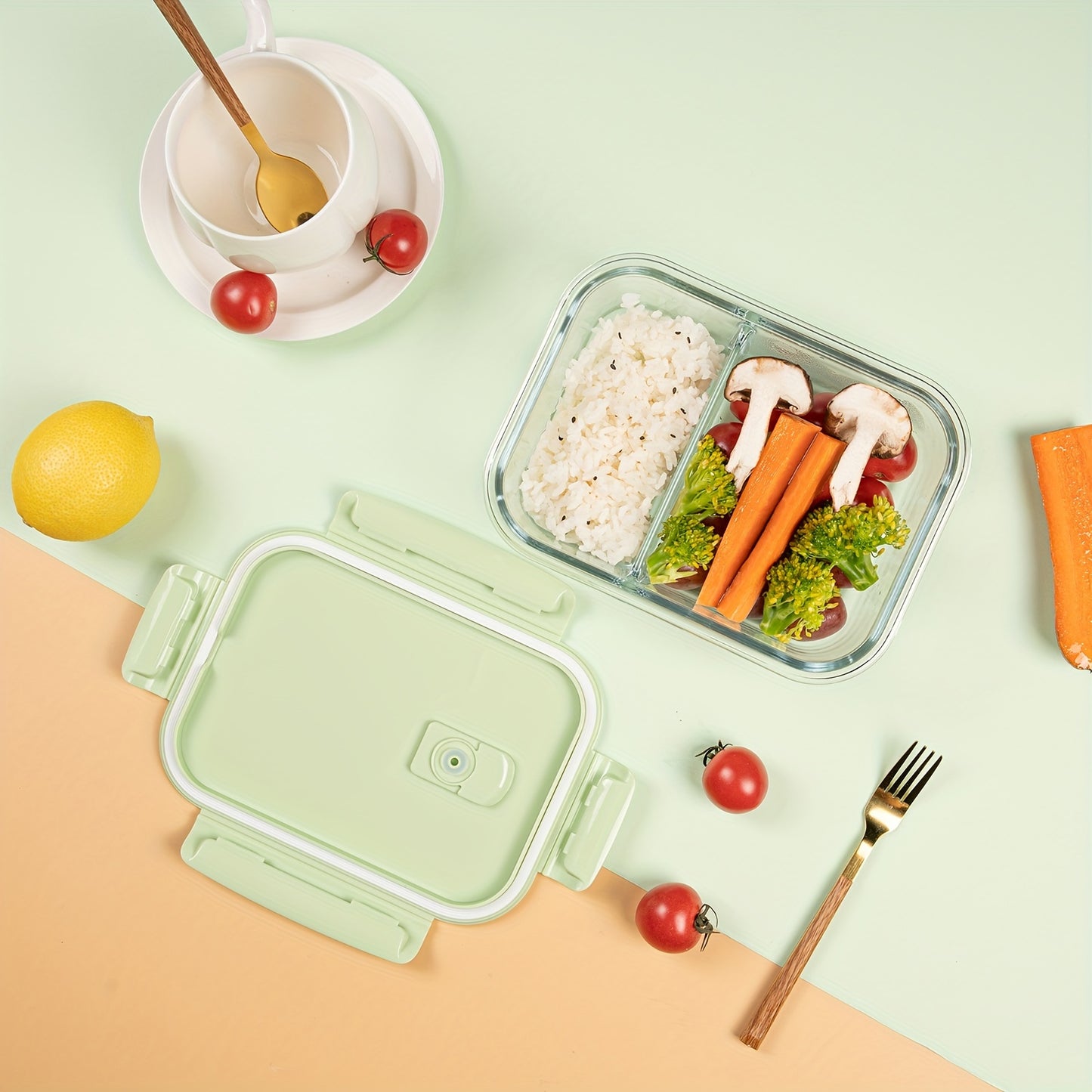 Set 2 Caserole din Sticlă cu Capace Etanșe – 1040ml, Compartimentate, Ideale pentru Meal Prep