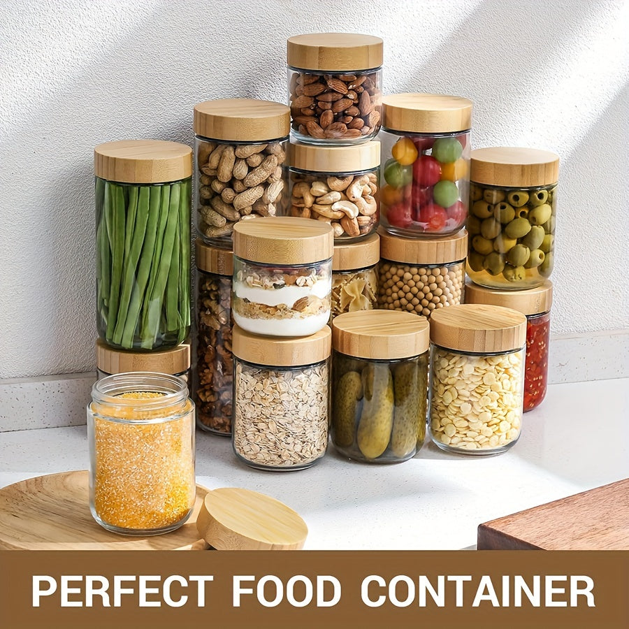 Set Borcane din Sticlă cu Capac din Bambus – Ideal pentru Overnight Oats, Depozitare Alimente și Condimente