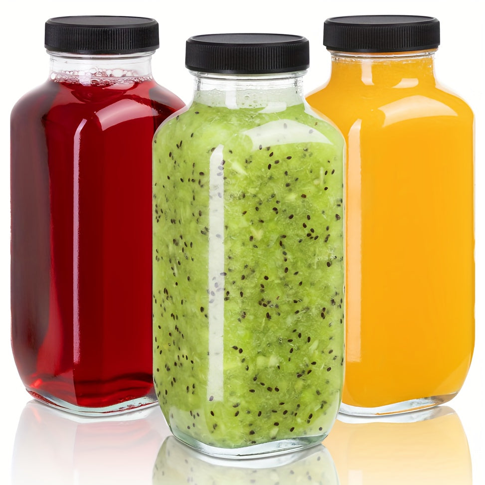 Set 3 Sticle din Sticlă pentru Sucuri Naturale, Smoothie-uri și Apă –  473 ml cu Capace Etanșe