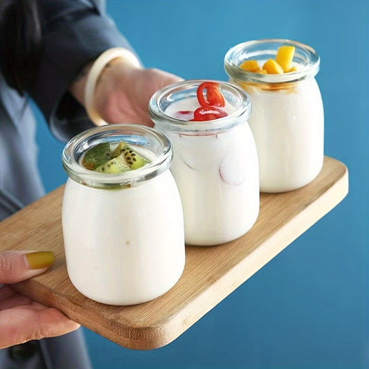Set 6 Borcane din Sticlă pentru Iaurt, Budincă și Deserturi – Capace din Plastic Incluse