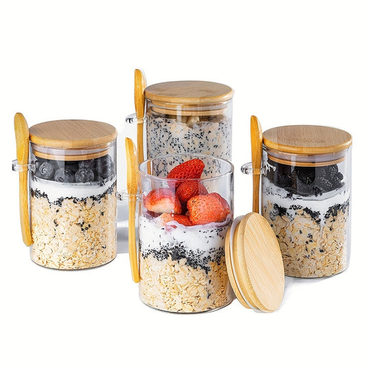 Set Borcane din Sticlă pentru Overnight Oats – Depozitare Sigilată cu Capac din Lemn și Lingură